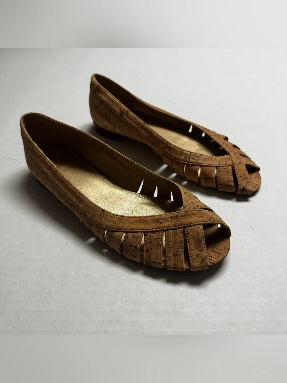 Stuart Weitzman Cork Peep Toe Flats In Natural Women's Size: 8M